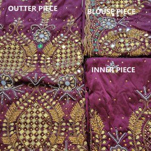 Mauve Net & Taffeta George Wrapper with Gold Rhinestone 3 Piece, 6 Yards Total